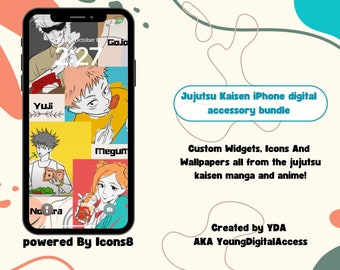Puede incluir: Un iPhone negro muestra un paquete de accesorios digitales de Jujutsu Kaisen. La pantalla muestra widgets, iconos y fondos de pantalla personalizados con personajes de anime. El texto incluye "Jujutsu Kaisen iPhone digital accessory bundle" y "powered By Icons8".