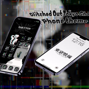 Könnte beinhalten: Zwei iPhone-Bildschirme mit einem verzerrten Tokyo Ghoul-Telefon-Thema. Der erste Bildschirm hat einen schwarzen Hintergrund mit einem Risseffekt und einem schwarzen Katzen-Symbol. Der zweite Bildschirm hat einen weißen Hintergrund mit dem Text "東京喰種" in Schwarz.