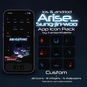 Op de afbeelding: Een smartphone scherm met een aangepast app-icoonpakket. Het pakket heeft een donker thema met neonblauwe en rode accenten. De tekst "Arise... Sung-jin-woo" is zichtbaar, samen met app-iconen en de woorden "Custom" en "SURVIVE!"