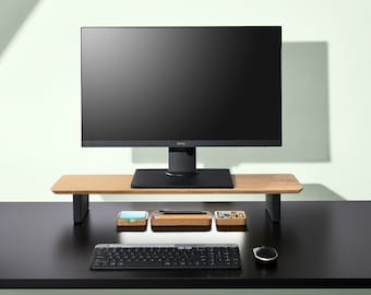 Schreibtisch Regal aus massivem Eichenholz weiß | Holz Monitor Riser für Home Office Organisation | Computerständer für zwei Monitore | Schreibtisch-Accessoires