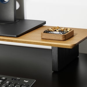 a solid white oak catch all tray to help organize your desk and workspace