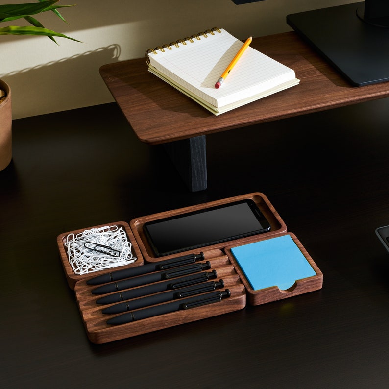 a Walnut desk organization set from modhaus made out of solid walnut wood