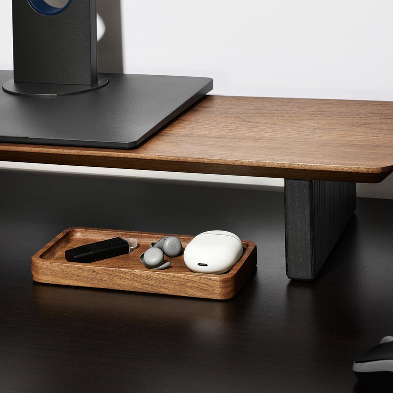 a solid walnut catch all tray to help organize your desk and workspace