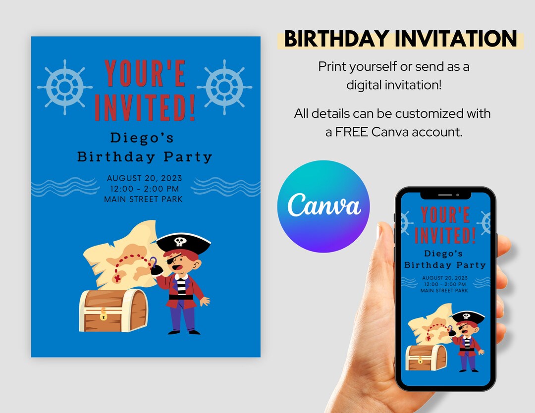 Pirate Party Invitation Editable Kid's Party Invitation Etsy