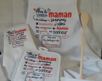 "Mom" apron, potholder and oven mitt set - Birthday, Mother's Day, pleasure of giving - oven mitt, kitchen