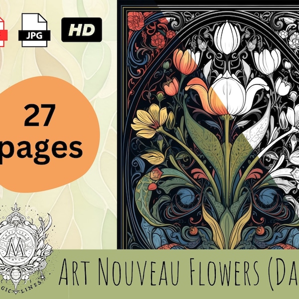 Art Nouveau Flowers (Dark) - 27 Vibrant Adult Coloring Pages of Art Nouveau Flowers with Dark Background. Instant Download and Printable PDF
