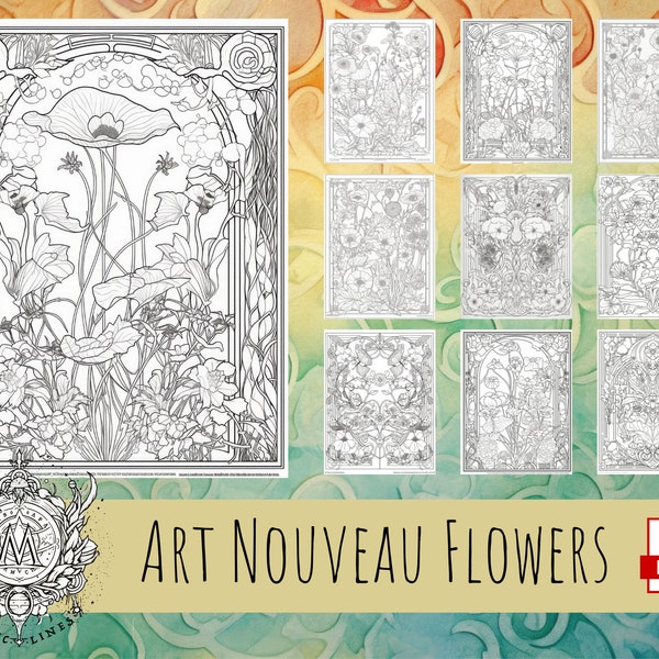 Art Nouveau Blumen (weiß) - 10 Exquisite Malvorlagen für Erwachsene mit eleganten floralen Designs zum sofortigen Download und zum Ausdrucken als PDF