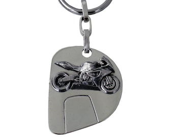925 sterling silver key ring in the shape of a racing motorcycle helmet.