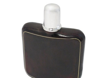Leather-covered glass whiskey flask with 925 sterling silver stopper