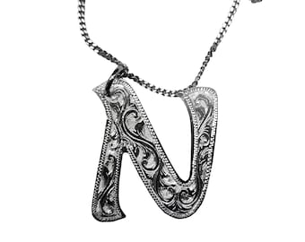 Necklace with initial pendant/letter of your name in 925 silver hand-engraved with a burin