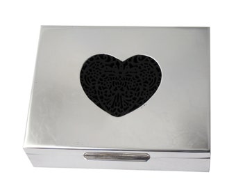 925 silver box, mahogany wood interior with perforated horn heart; carry cigarettes or jewelry