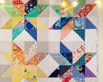 PDF Scrappy Stars Throw Quilt Pattern Download, scrap quilt, beginner quilt pattern, charm pack quilt pattern, half square triangle quilt