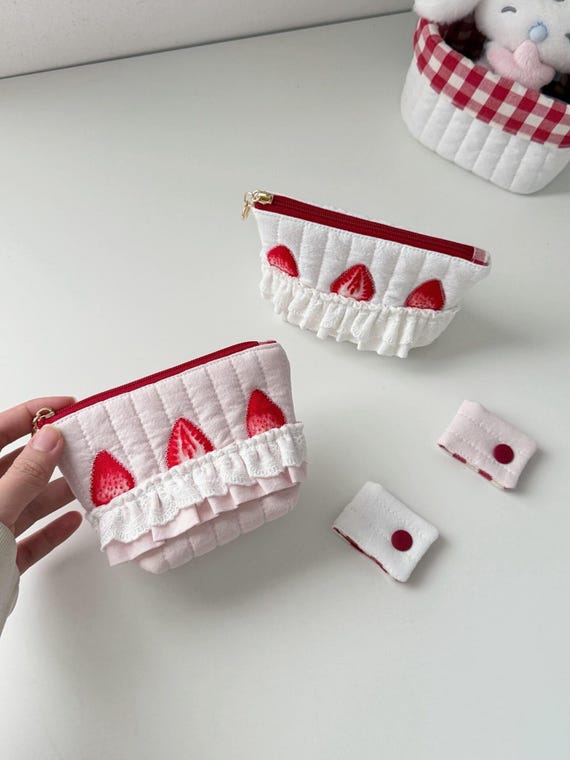Strawberry Quilted Zipper Pouch | Kawaii Makeup Bag | Handmade Lace Coin Purse | Cottagecore Gift for Her
