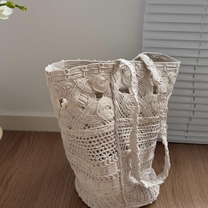Handmade Macrame Bucket Bag with Lining, Large Capacity Crochet Tote Bag, Boho Cotton Woven Shoulder Bag, Summer Beach Bag