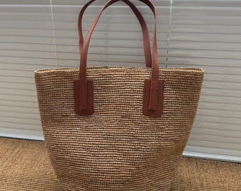 Lined Raffia Tote Bag Handwoven Sustainable Crochet Straw Bucket Bag Eco Friendly Leather Handle Summer Beach Bag