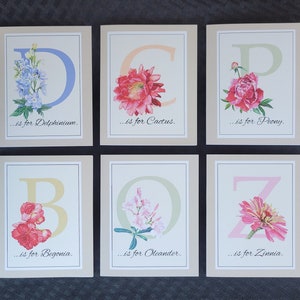 Conjunto de cartões de notas do alfabeto botânico A2, florais em aquarela, cartões de felicitações em branco de arte original
