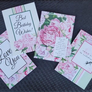 5x7 Pfingstrose GRUßKARTE Set Aquarell Blumen, Original Kunst, Blank Geburtstag, Liebe und alle Gelegenheit