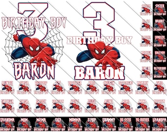 May include: A red and blue Spiderman graphic with the text "Birthday Boy" and the name "Baron" in a red and black font. There are multiple smaller Spiderman graphics with different family member titles, such as "Brother", "Sister", "Mom", and "Dad".