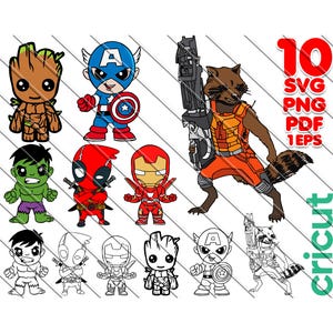 Bundle super-héros bébé, Groot Svg, Rocket Svg, Iron Man Svg, Hulk Svg, DeadPool svg, Captain America svg, Marvel Svg, Svg, Png, Pdf, Eps,