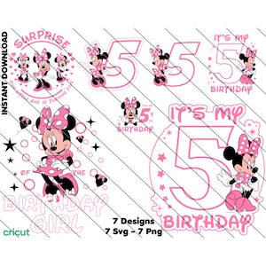 Minnie Mouse 5.º cumpleaños SVG PNG: Adorno para tarta, Clipart (Descarga digital)