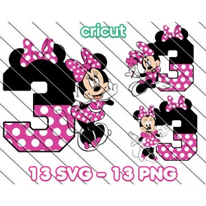 Svg Minnie Mouse, Svg Minnie pour Cricut, imprimable Png Minnie Mouse, clipart, fichiers image, 3e anniversaire, 3e anniversaire de Minnie Mouse