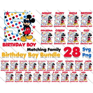 Mickey 5e anniversaire garçon SVG PNG | Svg-png pour la famille des chemises assorties | 27 membres de la famille | Lot Cinquième anniversaire Mickey Mouse, famille assortie