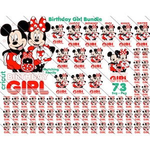 Pacote de aniversário de menina da Minnie Mouse, conjunto de aniversário de família correspondente, números do Mickey e da Minnie Svg, pacote de família, números de 1 a 10 Svg e PNG, vermelho