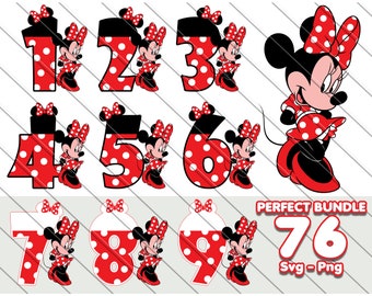 Minnie Mouse chiffres SVG, PNG : Clipart anniversaire rouge (téléchargement numérique)