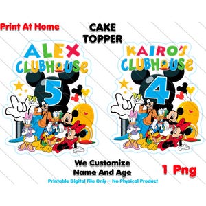 Könnte beinhalten: Zwei farbenfrohe Tortenaufleger mit Micky Maus und seinen Freunden. Einer zeigt "ALEX CLUBHOUSE 5" und der andere "KAIRO'S CLUBHOUSE 4". Der Text "We Customize Name And Age" ist ebenfalls enthalten.