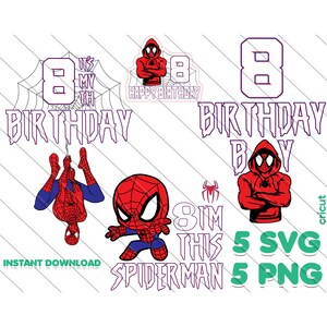 Homem-Aranha 8º Aniversário Menino Svg, Png, Spiderman Cake Topper, Aniversário Menino, Homem-Aranha Svg, Png, Camiseta de 8º Aniversário, Download Instantâneo