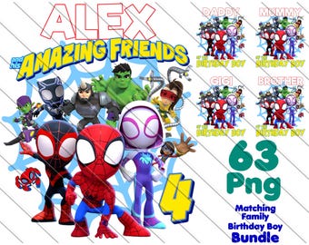 Paquete PNG personalizado de cumpleaños de Spidey y sus amigos: Familia a juego (descarga digital)