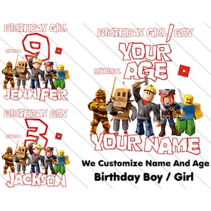 Könnte beinhalten: Ein anpassbares Geburtstagsdesign mit Roblox-Charakteren. Das Design enthält ein rotes und weißes Textfeld mit den Worten "Birthday Girl/Boy", "Your Age" und "Your Name". Das Design enthält auch ein rotes und weißes Textfeld mit den Worten "We Customize Name And Age Birthday Boy/Girl".
