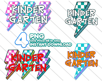 Kindergarten Lightning Bolt PNG Bundle: Retro Checkered Back to School (Digital Download)