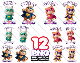 Può includere: Un design digitale con dodici personaggi di gatti dei cartoni animati in costumi da supereroi. Ogni gatto ha una combinazione di colori e un nome unici, tra cui Bitsy, Buddy, Ginny e Sparks. Il design include il testo "12 PNG" e "Sublimation Instant Download."