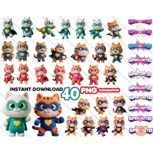 Super Kitties 40 PNG Bundle, Digital Cat Sublimation Clipart Set, Cats & Logos - Birthday Shirt, Bitsy PNG, Sparks Png, Ginny Png, Buddy Png
