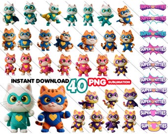 Può includere: Un'immagine digitale con gatti supereroi dei cartoni animati in varie pose e colori. Include il testo "INSTANT DOWNLOAD 40 PNG SUBLIMATION" e "SUPER KITTIES" in stile fumetto, ideale per la sublimazione.