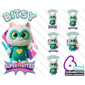 Super Kitties Bitsy PNG Bundle - 6 Sublimation Files - Instant Download - Cute Cat Clipart for Kids Birthday & T-Shirts, Bitsy PNG