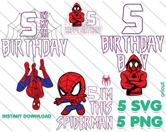 Spiderman 5th Birthday SVG PNG Bundle: Cake Topper, T-shirt (Digital Download)