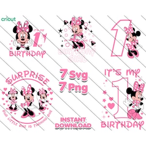 Minnie Mouse Svg, Minnie Mouse Svg voor Cricut, Minnie Mouse Png, illustraties, afbeeldingsbestanden, 1e verjaardag, Minnie Mouse 1e verjaardag