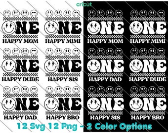 May include: A set of 12 digital cut files for crafting. The design features a smiley face with lightning bolts and the word "ONE" in a retro font. The text "HAPPY MOM", "HAPPY MIMI", "HAPPY DAD", "HAPPY DUDE", "HAPPY SIS", and "HAPPY BRO" are included in the design. The design is available in two color options: black and white.