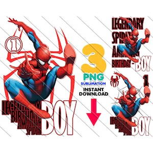 May include: A digital design featuring a red and blue Spiderman character swinging on a web. The design includes the text "Legendary Amazing Spiderman Birthday Boy" in black and red.