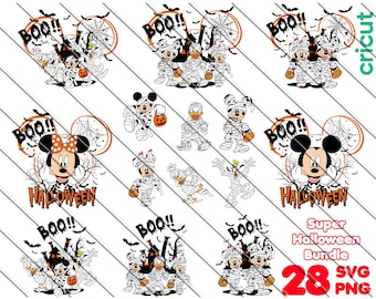 May include: A set of 28 Halloween-themed SVG and PNG digital files featuring Mickey Mouse, Minnie Mouse, Donald Duck, and Goofy dressed as mummies. The images include the text "Boo!" and "Halloween".