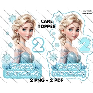 Könnte beinhalten: Ein druckbarer Tortendekor mit einer Prinzessin mit blauen Haaren, einer Krone, einem blauen Kleid und einem Schneeflockenmuster. Der Topper enthält die Zahl "2" und den Text "Happy Birthday".