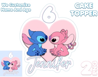 Personalized Stitch and Angel Birthday Cake Topper PNG (Digital Download)