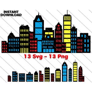 Edifici di Spiderman City, Clipart di skyline di supereroi, Decorazioni per feste di compleanno di Spiderman, Edifici di Spiderman stampabili, Paesaggio urbano di New York in formato SVG e PNG