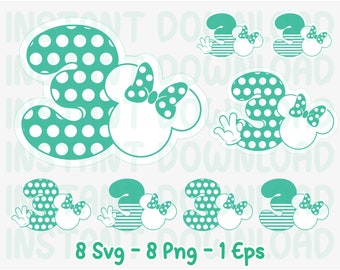 Minnie Mouse 3rd Birthday SVG: Ears, Shirt, Cake Topper (Digital Download)