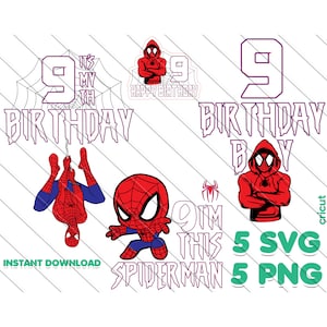 Homem-Aranha 9º Aniversário Menino Svg, Png, Spiderman Cake Topper, Aniversário Menino, Homem-Aranha Svg, Png, Camiseta de 9º Aniversário, Download Instantâneo