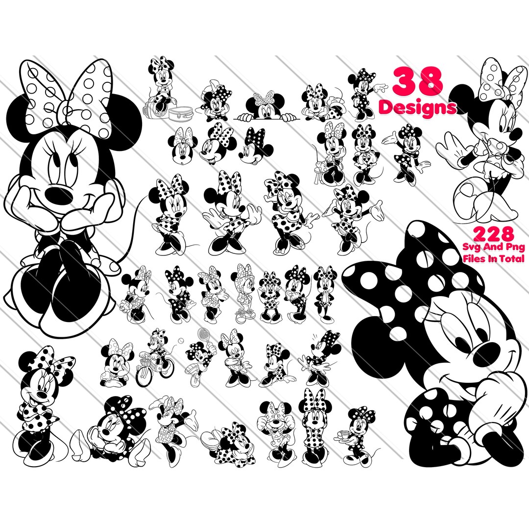 Minnie Mouse Clipart Black and White Retro Designs (SVG, PNG)