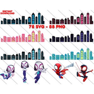 Pacote SVG PNG da Cidade Fantasma da Aranha | Clipart do Horizonte do Aranha e Seus Amigos Incríveis | Decoração de Festa de Super-heróis | Edifícios do Homem-Aranha