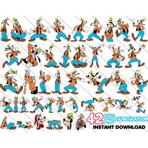 May include: A collection of 42 cartoon images of Goofy in various poses. Goofy is wearing his signature orange shirt, blue pants, green hat, and brown shoes. The images are in SVG and PNG formats, suitable for sublimation and instant download.